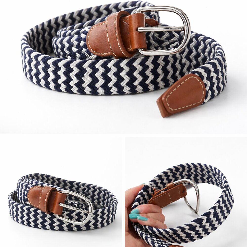 Navy & White Woven Stretch Golf Belt – Leather Trim – Preppy Country Club